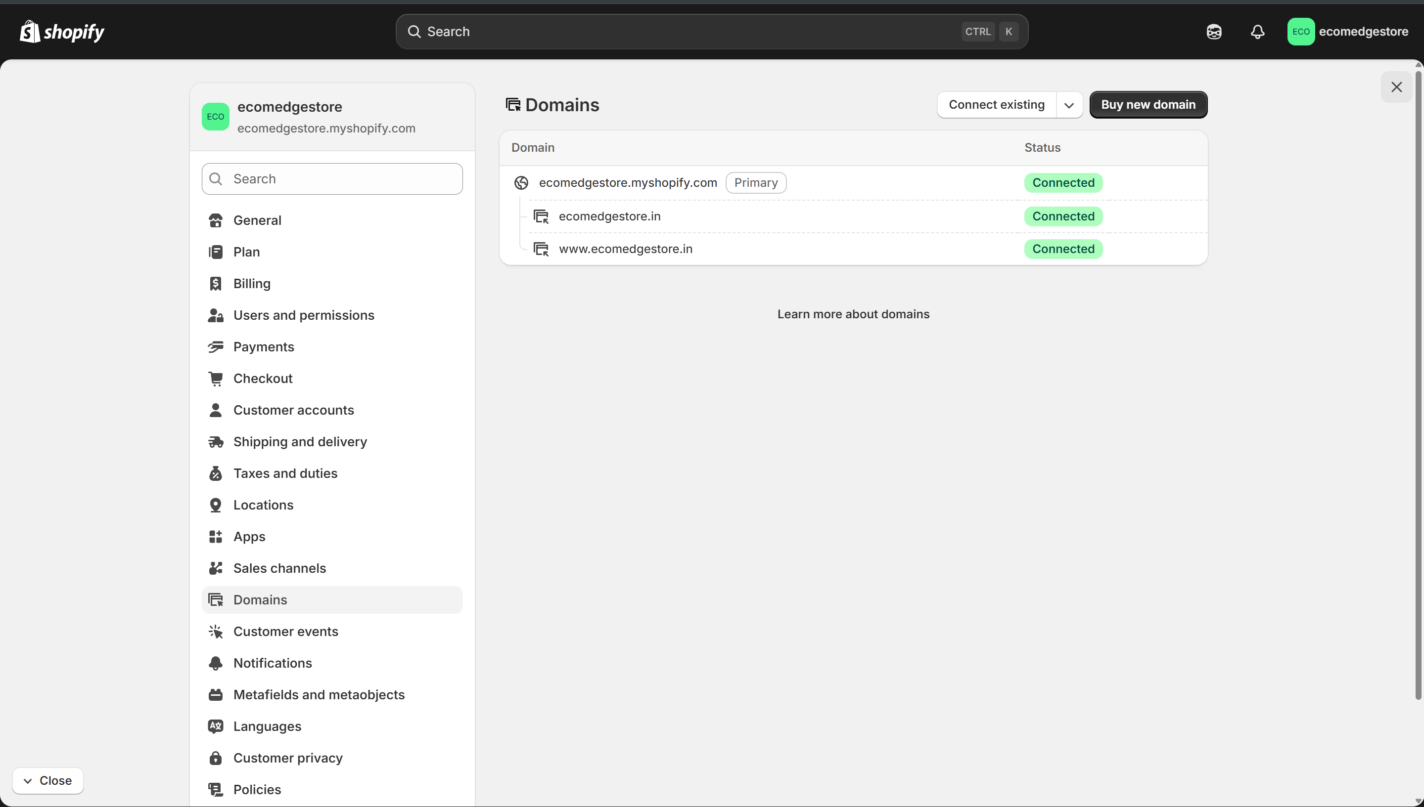 All domains connected — three green Connected badges